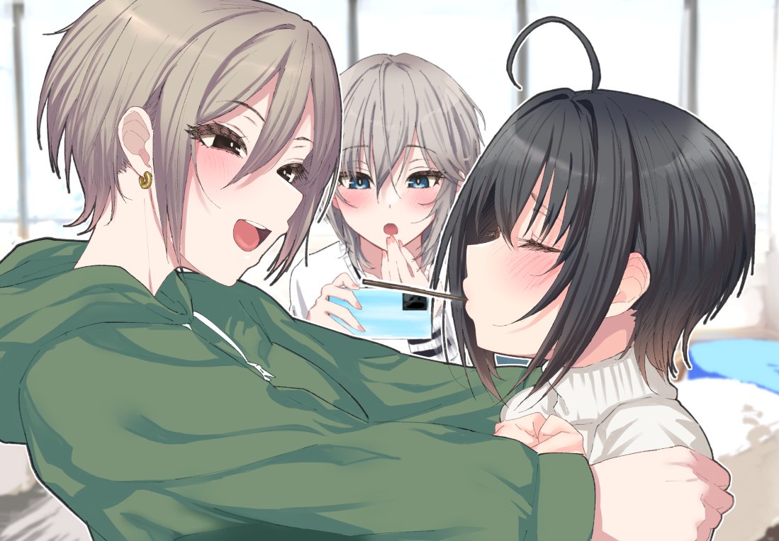 3girls :d :o anastasia_(idolmaster) bangs blush closed_eyes earrings eyebrows_visible_through_hair food ginnote green_hoodie grey_hair hair_between_eyes holding holding_person holding_phone hood hoodie idolmaster idolmaster_cinderella_girls indoors jewelry kohinata_miho looking_at_another mouth_hold multiple_girls phone pocky pocky_day pocky_kiss profile round_teeth shiomi_syuko short_hair smile taking_picture teeth upper_body