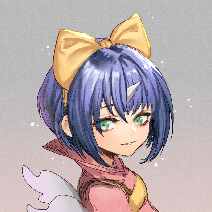 1girl blue_hair bow eiko_carol final_fantasy final_fantasy_ix green_eyes horns looking_at_viewer short_hair simple_background single_horn smile solo uboar wings yellow_bow