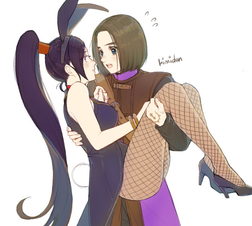 1boy 1girl animal_ears artist_name black_shirt blue_eyes blush bracelet breasts brown_hair brown_vest carrying commentary_request dragon_quest dragon_quest_xi embarrassed fake_animal_ears fishnet_legwear fishnets hand_tattoo hero_(dq11) high_heels jewelry kimidori_(kimidoriri) large_breasts leotard long_hair looking_at_another martina_(dq11) open_mouth pantyhose playboy_bunny princess_carry purple_footwear purple_hair purple_leotard shirt simple_background sweatdrop very_long_hair vest violet_eyes white_background