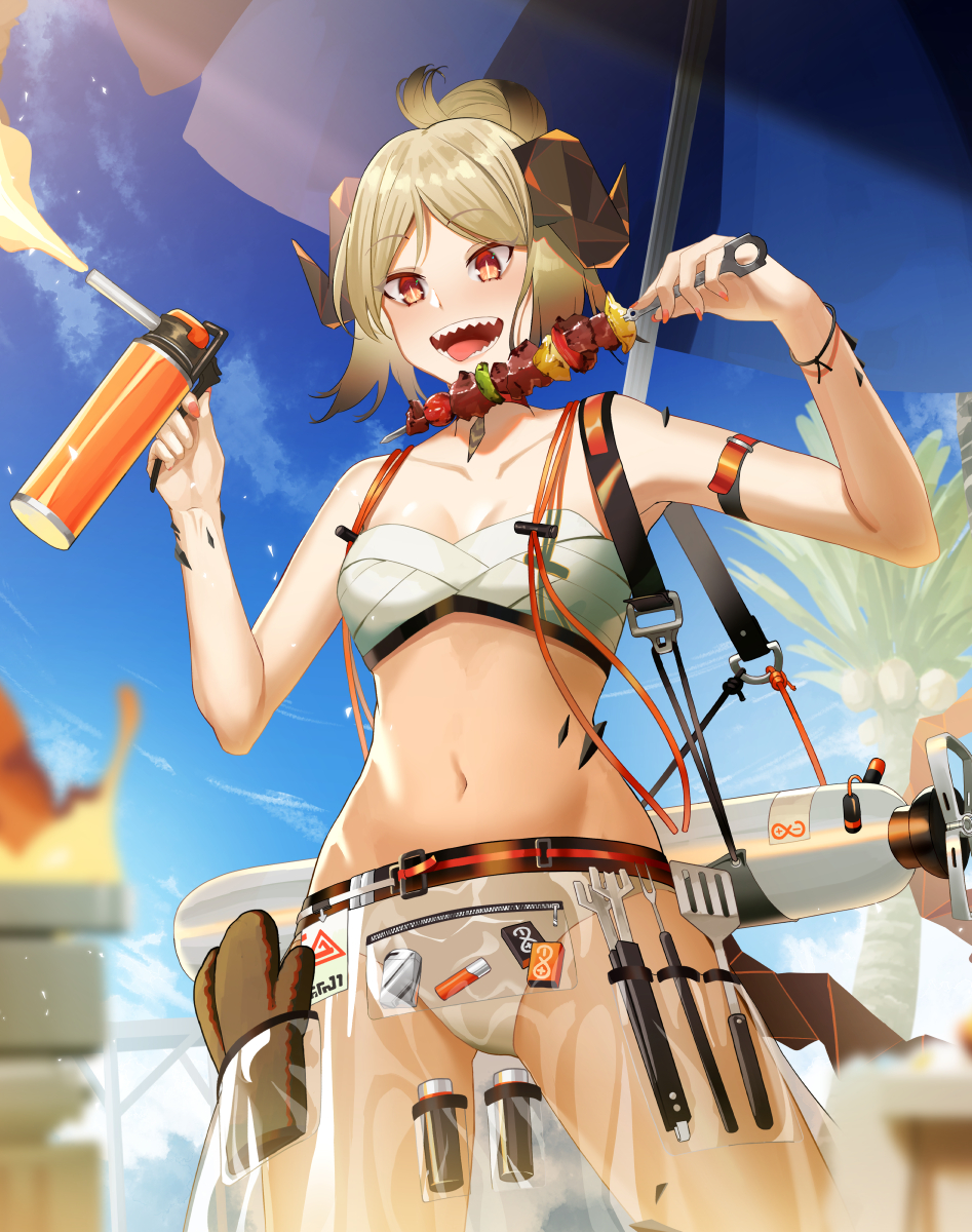 1girl arknights arm_strap bare_arms bare_shoulders beach_umbrella bikini blonde_hair blue_sky collarbone commentary cowboy_shot day demon_girl demon_horns demon_tail eyebrows_visible_through_hair food hands_up highres holding holding_food horns ifrit_(arknights) ifrit_(sunburn)_(arknights) kebab nail_polish navel nishitaka open_mouth orange_eyes orange_nails oripathy_lesion_(arknights) outdoors oven_mitts rhine_lab_logo sarashi see-through sharp_teeth short_hair sky solo spatula standing stomach swimsuit tail teeth thighs tongue tongue_out umbrella white_bikini