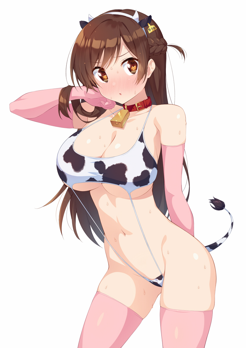 1girl animal_ears animal_print arm_behind_back bangs bare_shoulders bell belt_collar blush braid breasts brown_eyes brown_hair collar collarbone commentary_request cow_ears cow_print cow_tail cowbell crown_braid ear_tag elbow_gloves fake_animal_ears fake_horns gloves hair_flip hairband highres horns ichi_makoto kanojo_okarishimasu large_breasts long_hair looking_at_viewer mizuhara_chizuru navel nose_blush pink_gloves pink_legwear print_swimsuit simple_background slingshot_swimsuit solo sweat swimsuit tail thigh-highs white_background