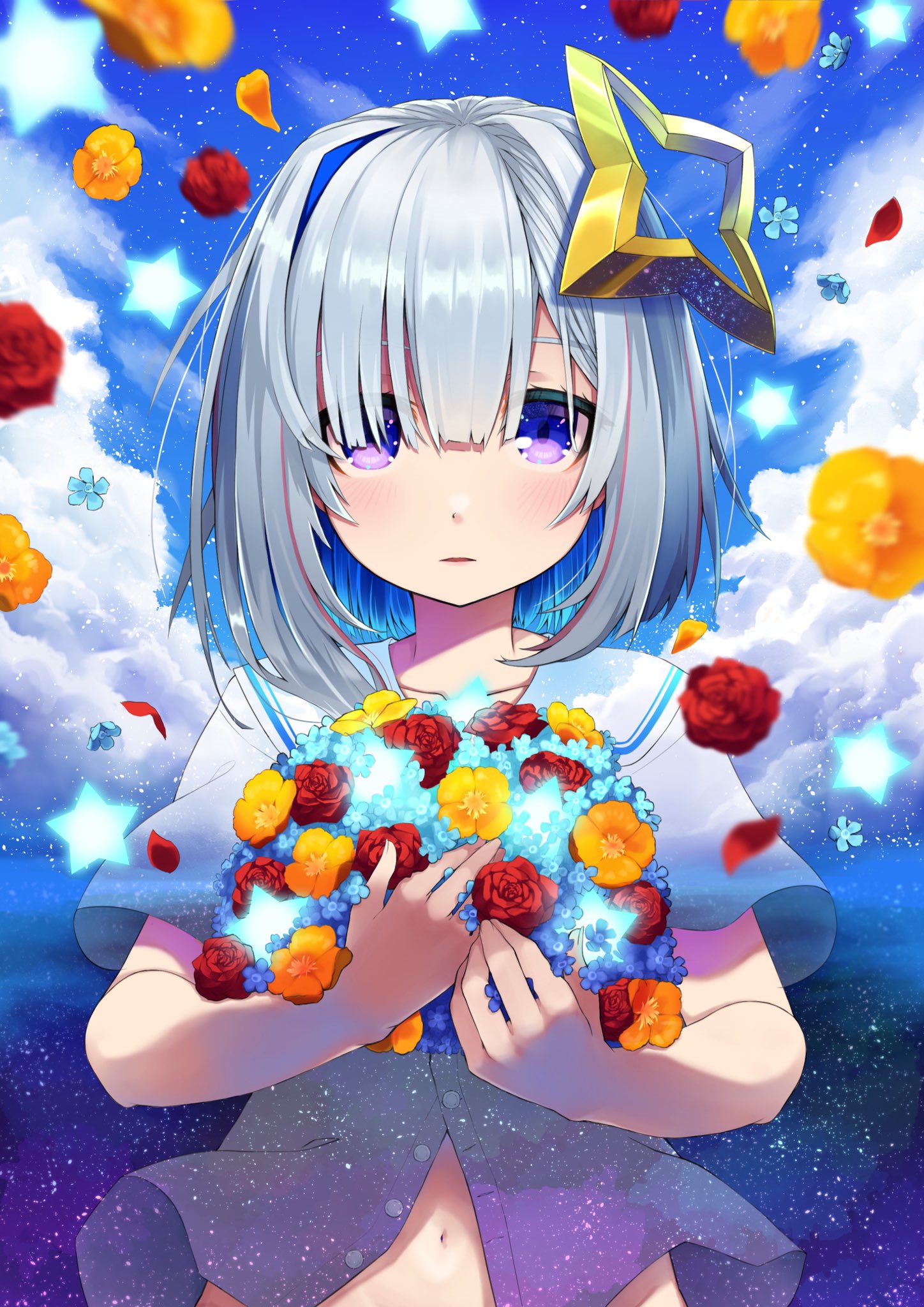 1girl amane_kanata blue_eyes blue_hair blue_sky blush clouds colored_inner_hair commentary_request day flower hair_over_one_eye halo highres holding holding_flower hololive hototogisu_(hot_to_gis) light_particles looking_at_viewer multicolored_hair navel orange_flower parted_lips partially_unbuttoned petals pink_hair red_flower red_rose rose sailor_collar shirt short_sleeves silver_hair sky solo star_(symbol) star_halo upper_body virtual_youtuber white_sailor_collar