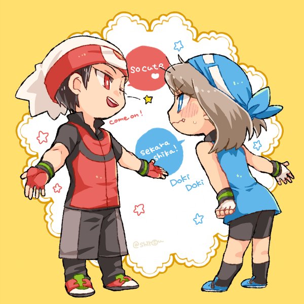 1boy 1girl :d beanie bike_shorts blue_bandana blue_dress blue_eyes blue_footwear blush bright_pupils closed_mouth commentary_request dress fang fang_out fingerless_gloves gloves hat one_eye_closed open_mouth pokemon pokemon_adventures red_eyes red_gloves ruby_(pokemon) sapphire_birch shirou_(shiro_uzr) shoes short_sleeves sleeveless sleeveless_dress smile socks standing star_(symbol) teeth tongue upper_teeth wavy_mouth white_gloves white_headwear white_pupils