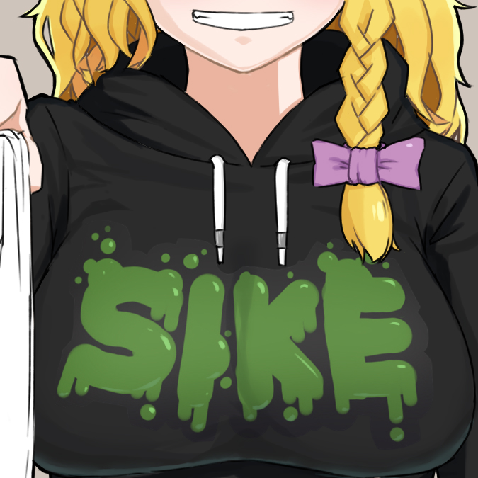 1girl bad_id bad_twitter_id black_hoodie blonde_hair bow braid breasts clothes_writing commentary_request cookie_(touhou) grey_background grin hair_bow head_out_of_frame hood hoodie kirisame_marisa large_breasts long_hair mars_(cookie) ohasi purple_bow side_braid simple_background single_braid smile solo touhou upper_body