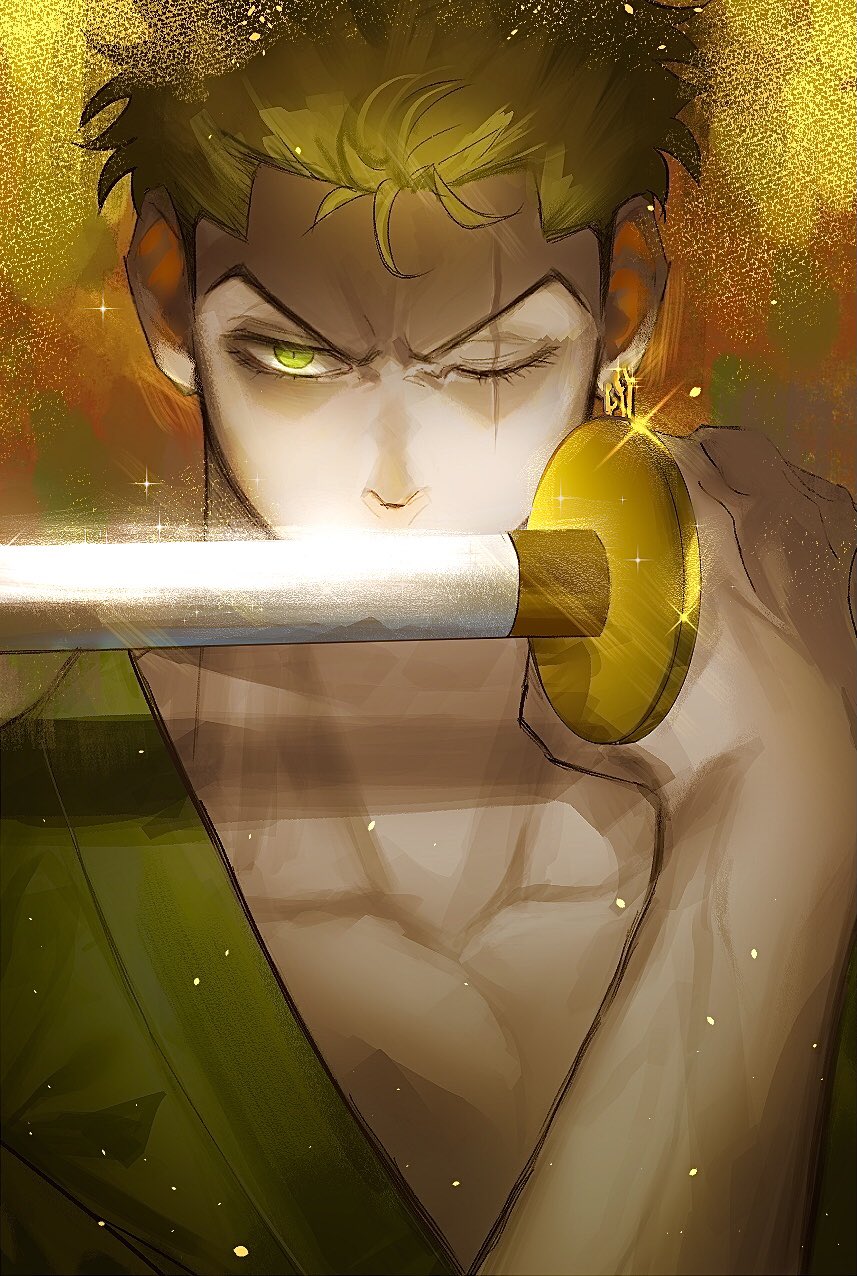 1boy alternate_eye_color earrings glowing glowing_eye green_eyes green_hair green_kimono highres holding holding_sword holding_weapon imashime_(pico_0_3) japanese_clothes jewelry kimono male_focus one_piece pectoral_cleavage pectorals roronoa_zoro scar scar_across_eye short_hair sideburns single_earring solo sword toned toned_male upper_body weapon