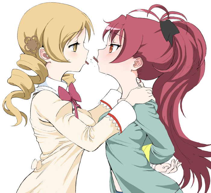 2girls blonde_hair bound bound_arms drill_hair flower food hair_flower hair_ornament mahou_shoujo_madoka_magica multiple_girls pocky pocky_kiss ponytail redhead sakura_kyouko tomoe_mami toshi_(little-fluffy-cloud) twin_drills yuri