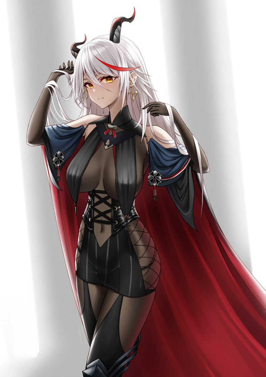 1girl aegir_(azur_lane) asymmetrical_footwear azur_lane bare_shoulders black_cape black_skirt bodystocking boots breast_curtains cape covered_navel cross cross-laced_clothes cross_earrings demon_horns earrings fishnets hair_between_eyes highres horns iron_cross jewelry knee_boots long_hair looking_at_viewer microskirt multicolored_hair naga_(pixiv70891418) red_cape redhead single_knee_boot skirt solo standing streaked_hair two-tone_hair underbust uneven_footwear white_hair yellow_eyes