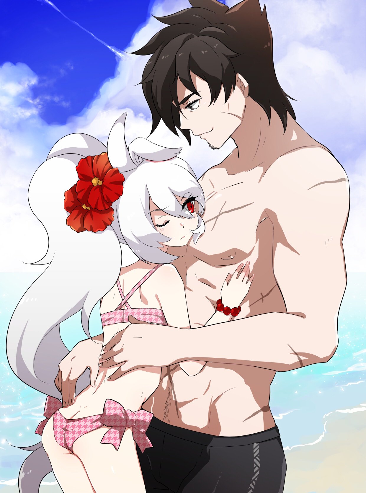 1boy 1girl ass bare_shoulders breasts brown_hair clouds collarbone cross_scar emperors_saga eyes_visible_through_hair facial_hair flower hair_flower hair_ornament height_difference hetero highres long_hair looking_at_another looking_down maka_(saga) makasama_fc navel one_eye_closed saga scar scar_on_arm scar_on_cheek scar_on_chest scar_on_face shirt side_ponytail smile standing stubble swimsuit toned toned_male touji_(saga) very_long_hair white_hair