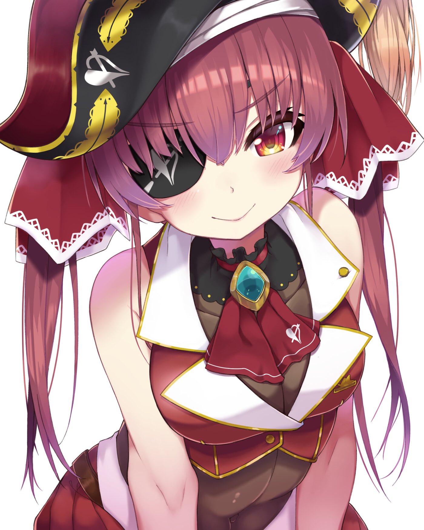 1girl ascot bangs bare_shoulders black_headwear blush bodystocking breasts closed_mouth commentary_request cropped_jacket eyebrows_visible_through_hair eyepatch hair_between_eyes hair_ribbon hat highres hololive hototogisu_(hot_to_gis) houshou_marine jacket long_hair looking_at_viewer medium_breasts pirate_hat red_ascot red_eyes red_jacket red_ribbon redhead ribbon simple_background sleeveless sleeveless_jacket smile solo twintails virtual_youtuber white_background