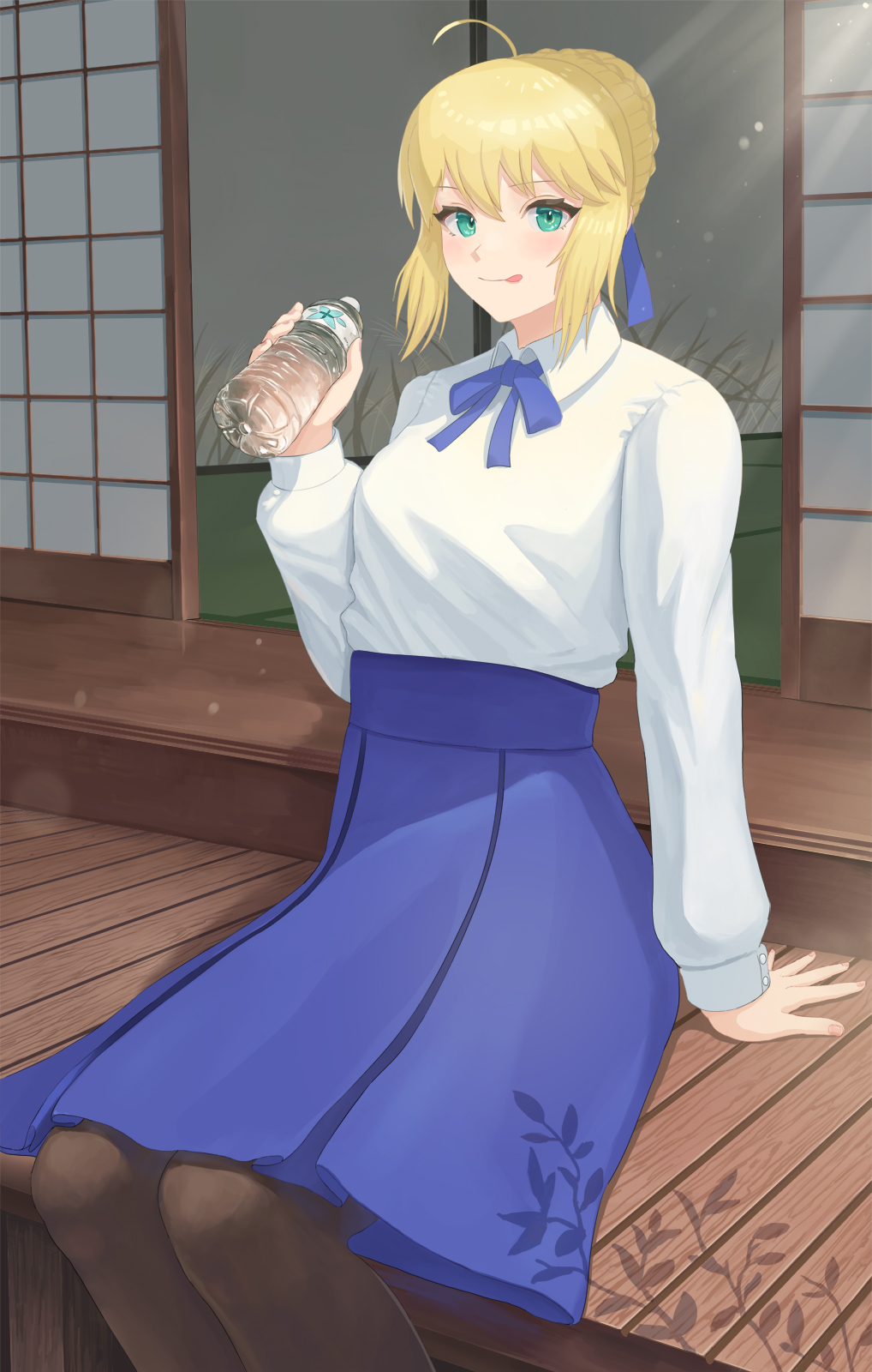 1girl ahoge apunetsu artoria_pendragon_(fate) black_legwear blonde_hair blue_ribbon blue_skirt blush bottle commentary eyebrows_visible_through_hair fate/stay_night fate_(series) green_eyes hair_bun hair_ribbon hand_on_floor highres holding long_hair long_skirt long_sleeves looking_at_viewer neck_ribbon pantyhose ribbon saber shirt sitting skirt smile solo sunlight tongue tongue_out water white_shirt wooden_floor