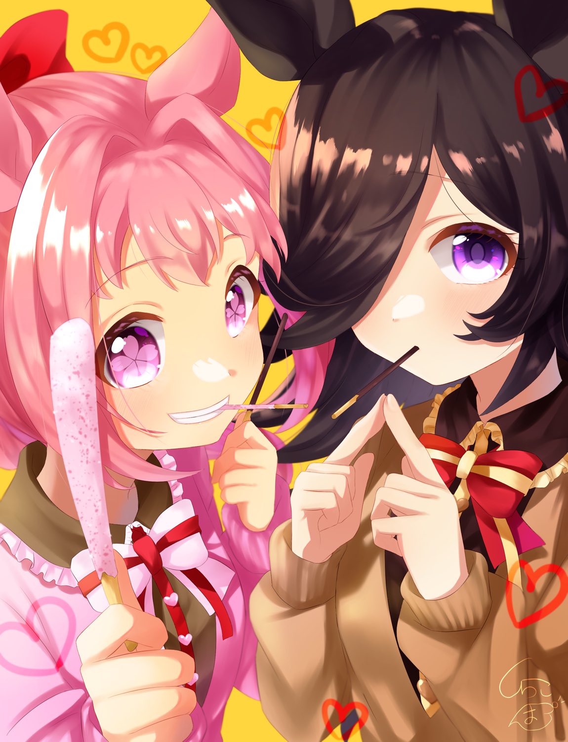 2girls animal_ears artist_logo bangs bow brown_hair brown_sweater commentary_request flower-shaped_pupils food food_in_mouth hair_bow hair_intakes haru_urara_(umamusume) heart highres holding holding_food horse_ears index_fingers_together long_hair looking_at_viewer multiple_girls pink_hair pink_shirt pocky_day ponzu_(rrrritisu) rice_shower_(umamusume) shirt smile sweater symbol-shaped_pupils teeth teeth_hold umamusume upper_body violet_eyes yellow_background