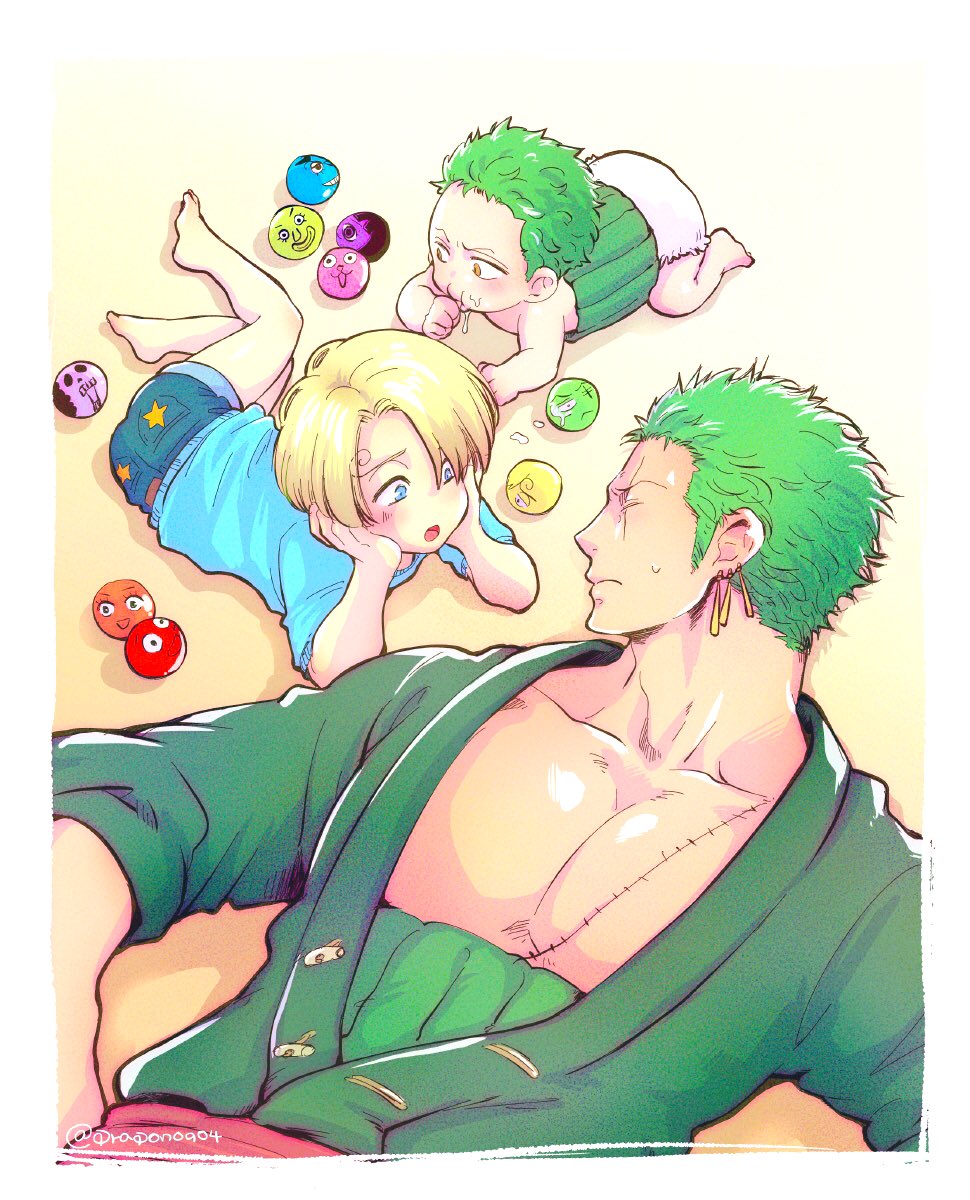 3boys baby blonde_hair blush child earrings father_and_son green_hair highres jewelry large_pectorals looking_at_another lying male_focus multiple_boys on_back one_piece pectoral_cleavage pectorals pra_(prapon0904) roronoa_zoro short_hair sideburns single_earring sweatdrop toned toned_male
