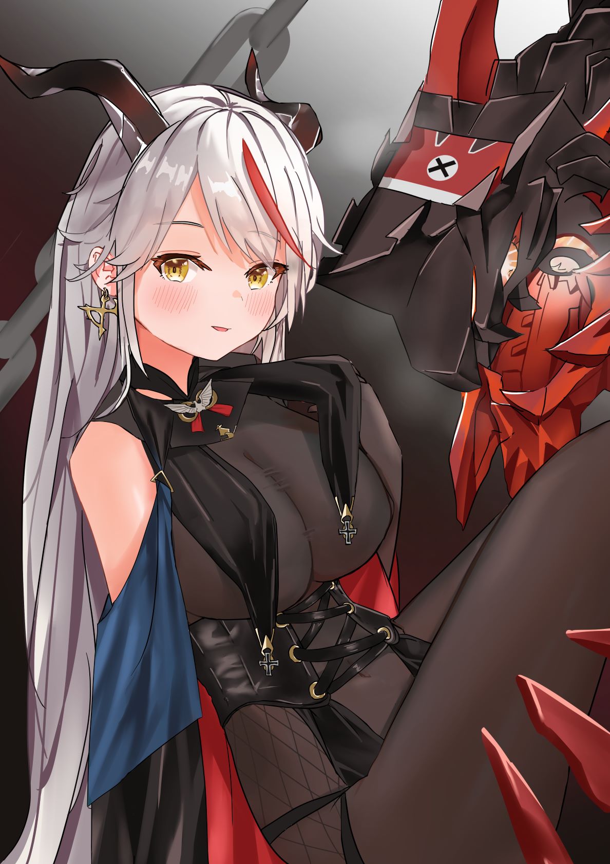 1girl absurdly_long_hair aegir_(azur_lane) azur_lane bare_shoulders black_cape black_gloves bodystocking breast_curtains breasts cape cross cross-laced_clothes cross_earrings demon_horns earrings elbow_gloves eyebrows_visible_through_hair gloves highres horns iron_cross jewelry large_breasts long_hair mechanical_animal multicolored_hair ps_rinsu redhead see-through sitting solo streaked_hair two-tone_hair underbust very_long_hair white_hair yellow_eyes