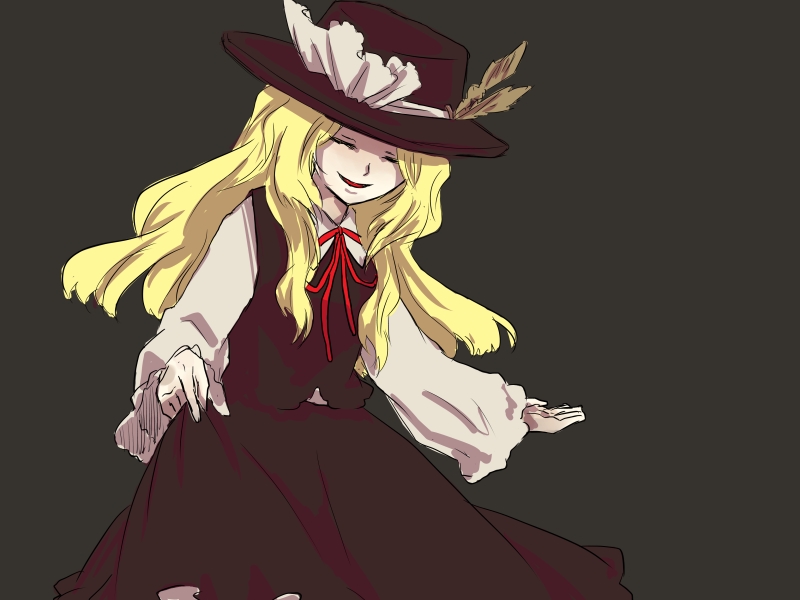 blonde_hair brown_headwear brown_skirt brown_vest closed_eyes collared_shirt extra frilled_hat frills hat hat_feather holding holding_clothes holding_skirt jacket_girl_(dipp) long_sleeves ppptoka red_neckwear red_ribbon ribbon shirt skirt touhou vest wavy_hair white_shirt