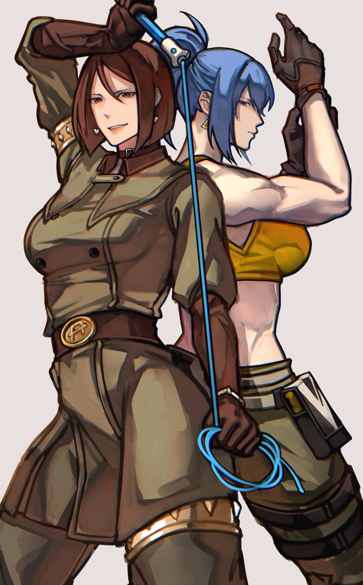 2girls adjusting_clothes adjusting_gloves belt blue_eyes blue_hair bob_cut breasts brown_eyes brown_hair cowboy_shot elbow_gloves gloves highres holding holding_weapon holding_whip ikari_warriors leona_heidern military military_uniform multiple_girls short_hair simple_background syachiiro tank_top the_king_of_fighters the_king_of_fighters_xv uniform weapon whip whip_(kof) yellow_tank_top