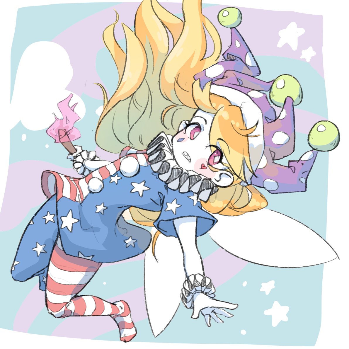 1girl american_flag_dress american_flag_legwear arm_up asymmetrical_clothes asymmetrical_legwear bangs blonde_hair blush clownpiece diamond-shaped_pupils diamond_(shape) eyebrows_visible_through_hair eyelashes eyes_visible_through_hair facepaint fairy_wings floating_hair hat heart holding holding_torch hyoutan_tan jester_cap looking_to_the_side neck_ruff open_mouth pantyhose polka_dot pom_pom_(clothes) red_eyes sharp_teeth shiny shiny_hair short_sleeves solo star_(symbol) star_print striped striped_legwear symbol-shaped_pupils teeth torch touhou wings wrist_cuffs