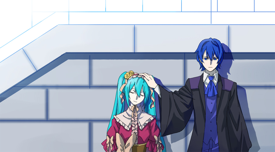 akutoku_no_judgement_(vocaloid) ascot blue_eyes blue_hair closed_eyes dress empty_eyes fake_screenshot father_and_daughter flower frilled_dress frills gallerian_marlon hair_flower hair_ornament hatsune_miku headpat judge kaito_(vocaloid) michelle_marlon ribbon robe rooomi smile twintails vocaloid