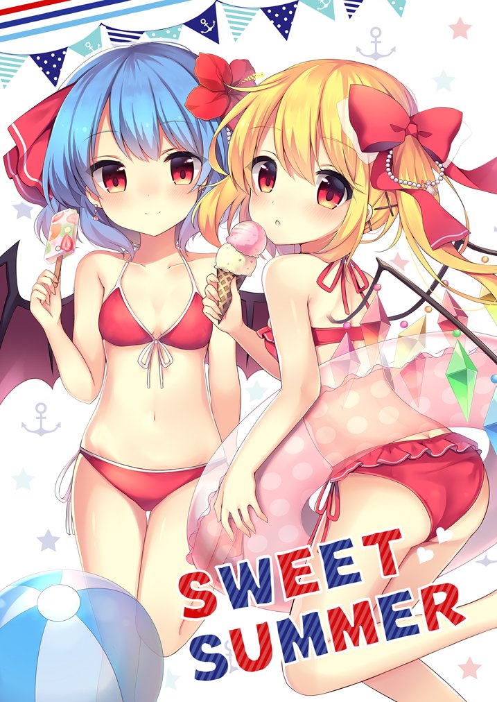 2girls anchor_symbol ass ball bare_arms bare_legs bare_shoulders barefoot bat_wings beachball beads bikini blue_hair blush bow breasts collarbone commentary_request crystal english_text eyebrows_visible_through_hair feet_out_of_frame flandre_scarlet flower food from_behind front-tie_bikini front-tie_top hair_beads hair_between_eyes hair_bow hair_flower hair_ornament hair_ribbon hairclip halterneck hand_up holding holding_food ice_cream ice_cream_cone innertube leg_up long_hair looking_at_viewer looking_back multiple_girls navel no_hat no_headwear popsicle red_bikini red_bow red_flower red_ribbon remilia_scarlet ribbon ruhika shell_hair_ornament short_hair siblings side-tie_bikini side_ponytail silhouette sisters small_breasts smile star_(symbol) starry_background stomach swimsuit thighs tongue tongue_out touhou white_background wings x_hair_ornament