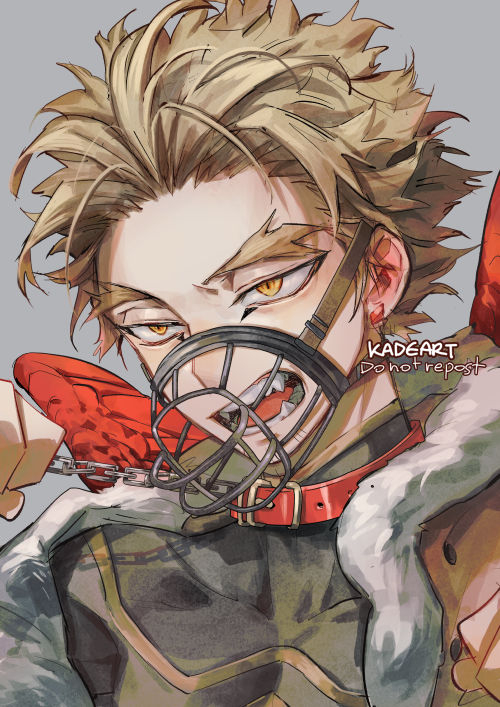 animal_collar artist_name bangs blonde_hair boku_no_hero_academia chain chained collar covered_collarbone facial_hair fangs fur_trim grey_background hawks_(boku_no_hero_academia) kadeart male_focus muzzle open_mouth orange_eyes red_collar red_wings short_hair simple_background solo spiky_hair teeth upper_body watermark wings