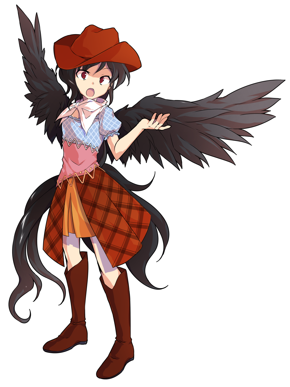 1girl arm_up bangs bare_shoulders black_hair blue_dress blue_sleeves boots breasts brown_dress brown_footwear brown_headwear cowboy_hat dairi dress eyebrows_visible_through_hair full_body hair_between_eyes hand_up hat highres horse_tail kurokoma_saki long_hair looking_at_viewer medium_breasts multicolored_clothes multicolored_dress off_shoulder open_mouth pink_dress plaid plaid_dress ponytail puffy_short_sleeves puffy_sleeves red_eyes scarf short_sleeves simple_background solo standing tachi-e tail touhou white_background white_scarf wings