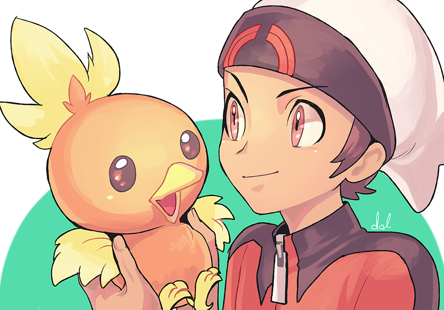 1boy beanie brendan_(pokemon) brown_eyes brown_hair closed_mouth commentary_request dolustoy hands_up hat holding holding_pokemon jacket male_focus pokemon pokemon_(creature) pokemon_(game) pokemon_oras red_jacket short_hair signature smile torchic upper_body white_headwear zipper_pull_tab