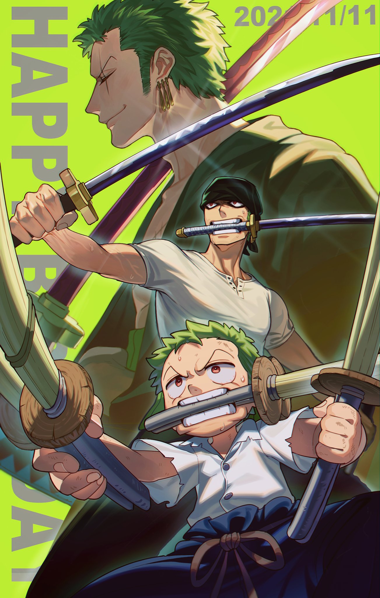 3boys bandana black_pants child clenched_teeth closed_mouth cowboy_shot dated dirty dirty_face dual_wielding earrings fighting_stance glint green_background green_hair happy_birthday haramaki highres holding holding_sword holding_weapon jewelry katana missing_eye mouth_hold multiple_boys multiple_persona one_eye_closed one_piece outstretched_arms pants profile qin_(7833198) red_eyes roronoa_zoro scar scar_across_eye shinai shirt short_hair short_sleeves simple_background smirk sweat sword teeth time_paradox torn_clothes torn_shirt triple_wielding v-shaped_eyebrows veins weapon white_shirt zoom_layer