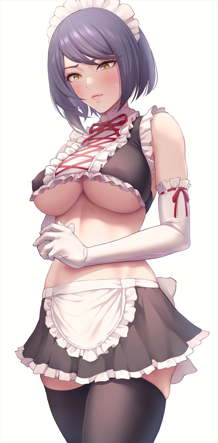 1girl bangs black_hair black_legwear blush breasts collarbone commentary_request covered_nipples cowboy_shot crop_top edogawa_roman elbow_gloves frilled_skirt frills genshin_impact gloves highres kujou_sara large_breasts lips looking_down maid maid_headdress midriff short_hair simple_background skirt solo standing sweatdrop swept_bangs thigh-highs under_boob white_background white_gloves yellow_eyes