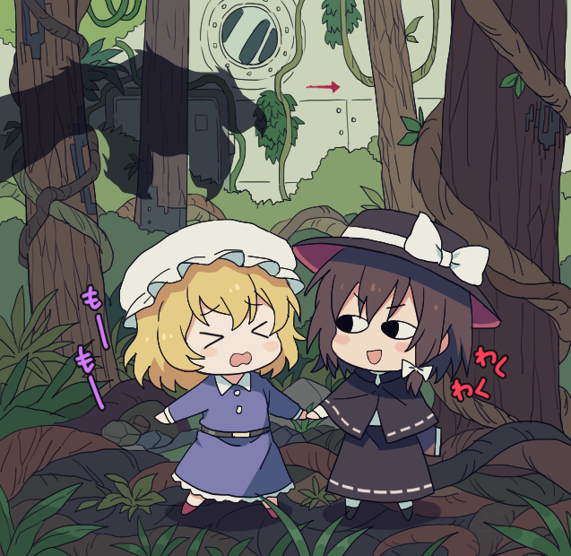 &gt;_&lt; &lt;o&gt;_&lt;o&gt; 2girls arrow_(symbol) bangs black_capelet black_eyes black_headwear black_skirt blonde_hair blush blush_stickers bow branch brown_footwear brown_hair buttons capelet chibi claws closed_eyes collared_dress commentary_request fedora full_body grass hat long_sleeves looking_at_another maribel_hearn mob_cap multiple_girls necktie open_mouth plant re_ghotion red_necktie ribbon-trimmed_capelet ribbon-trimmed_skirt ribbon_trim scared shirt short_hair skirt socks standing touhou tree usami_renko vines white_headwear white_legwear white_shirt window wing_collar