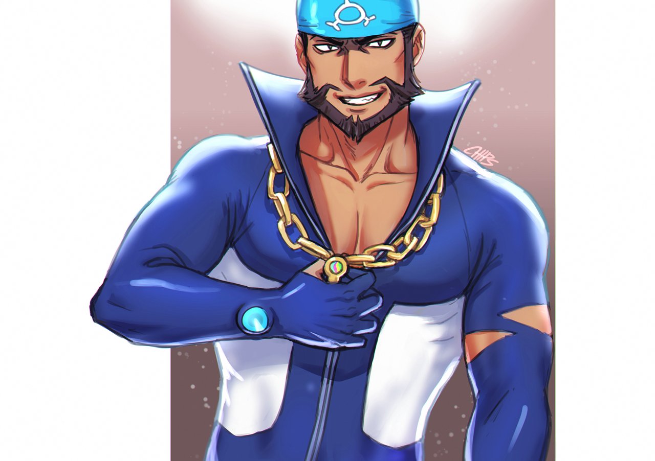 1boy anchor_necklace archie_(pokemon) beard black_eyes blue_bandana blue_bodysuit bodysuit brown_hair chain_necklace chips_n_cookies commentary dark-skinned_male dark_skin facial_hair grin logo looking_at_viewer male_focus multicolored_bodysuit multicolored_clothes muscular muscular_male mustache pectoral_cleavage pectorals pokemon pokemon_(game) pokemon_oras popped_collar short_hair signature smile solo team_aqua teeth torn_bodysuit torn_clothes upper_body wetsuit white_bodysuit