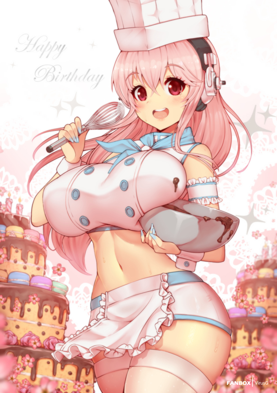 1girl :d apron arm_garter bangs bowl breasts buttons cake chef_hat cowboy_shot crop_top double-breasted eyebrows_visible_through_hair fanbox_username food happy_birthday hat headphones highres holding holding_bowl holding_whisk large_breasts long_hair looking_at_viewer macaron microskirt midriff mixing_bowl navel nitroplus pink_hair red_eyes skirt sleeveless smile solo super_sonico teeth thigh-highs toque_blanche upper_teeth virus-g waist_apron whisk zettai_ryouiki