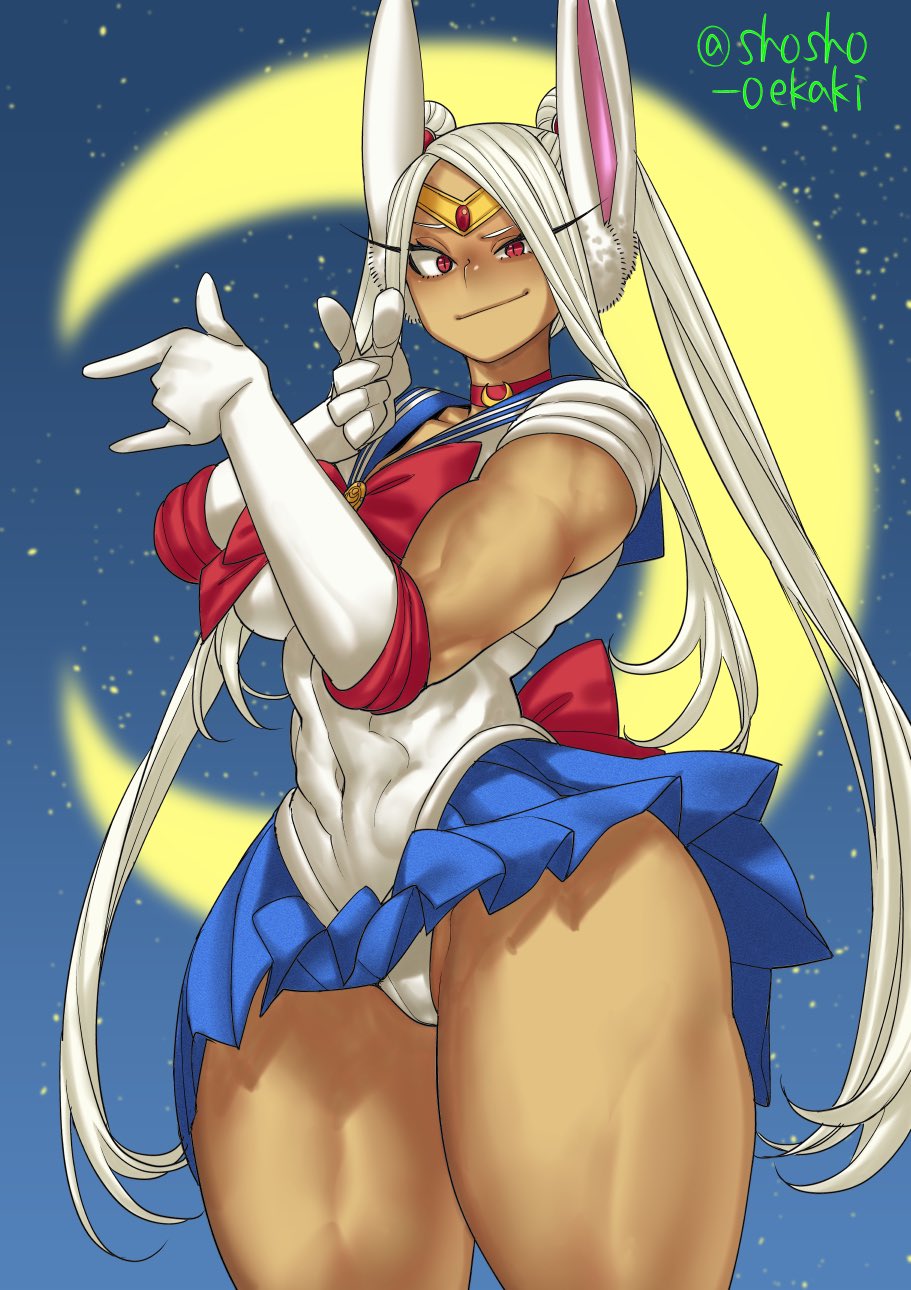 1girl alternate_hairstyle animal_ears bishoujo_senshi_sailor_moon blue_sailor_collar blue_skirt blurry blurry_background boku_no_hero_academia breasts choker closed_mouth commentary cosplay covered_navel cowboy_shot crescent_moon dark-skinned_female dark_skin elbow_gloves gloves groin highres large_breasts long_hair looking_at_viewer miniskirt mirko moon muscular muscular_female night night_sky outdoors pleated_skirt rabbit_ears raised_eyebrow red_eyes red_ribbon ribbon sailor_collar sailor_moon sailor_moon_(cosplay) short_sleeves shosho_oekaki skirt sky slit_pupils smirk solo thick_thighs thighs tsuki_ni_kawatte_oshioki_yo twintails twitter_username very_long_hair white_gloves white_hair wide_hips wind wind_lift