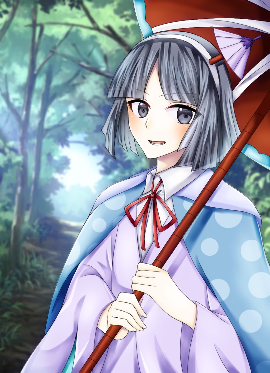 1other amanomiya_jun androgynous black_eyes black_hair blue_cape cape collared_shirt commentary day forest hairband highres holding holding_umbrella l86haru68maki90 len'en long_sleeves looking_at_viewer lower_teeth_only nature neck_ribbon open_mouth other_focus outdoors polka_dot polka_dot_cape purple_sweater red_ribbon ribbon shirt short_hair smile solo sweater teeth umbrella umbrella_hair_ornament upper_body white_hairband white_shirt
