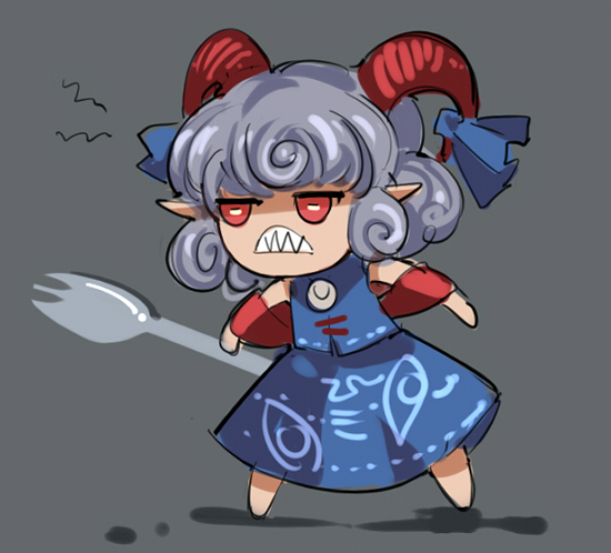 1girl angry bangs bare_shoulders barefoot blue_dress blue_ribbon chibi closed_mouth dress eyebrows_visible_through_hair fork grey_background grey_hair horns looking_to_the_side off_shoulder pointy_ears raptor7 red_eyes red_sleeves ribbon shadow sharp_teeth short_hair short_sleeves simple_background solo standing teeth touhou toutetsu_yuuma weapon