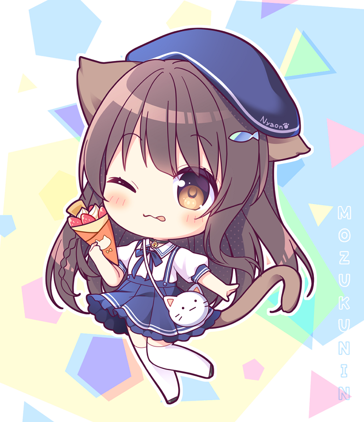 1girl ;3 ;p animal_bag animal_ears bag bangs bell beret black_choker black_footwear blue_bow blue_headwear blue_skirt blush bow brown_eyes brown_hair cat_ears cat_girl cat_tail chibi choker closed_mouth collared_shirt commentary_request copyright_request crepe eyebrows_visible_through_hair fish_hair_ornament food full_body hair_ornament hat holding holding_food jingle_bell long_hair neck_bell one_eye_closed pleated_skirt puffy_short_sleeves puffy_sleeves ryuuka_sane shirt shoes short_sleeves shoulder_bag skirt smile solo standing standing_on_one_leg suspender_skirt suspenders tail thigh-highs tongue tongue_out very_long_hair white_legwear white_shirt