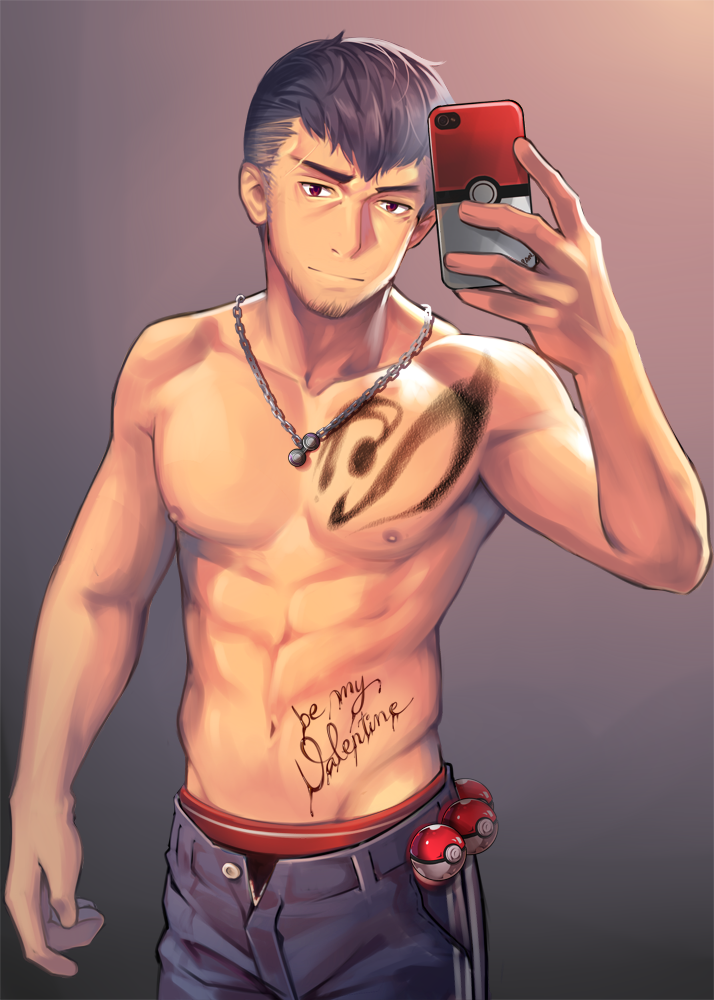 1boy abs bangs black_hair body_writing cellphone chain_necklace chest_tattoo closed_mouth collarbone commentary_request facial_hair hand_up holding holding_phone jewelry kashi_kosugi male_focus navel necklace nipples norman_(pokemon) pants pectorals phone poke_ball poke_ball_(basic) pokemon pokemon_(game) pokemon_rse red_eyes selfie short_hair solo tattoo toned topless_male undercut