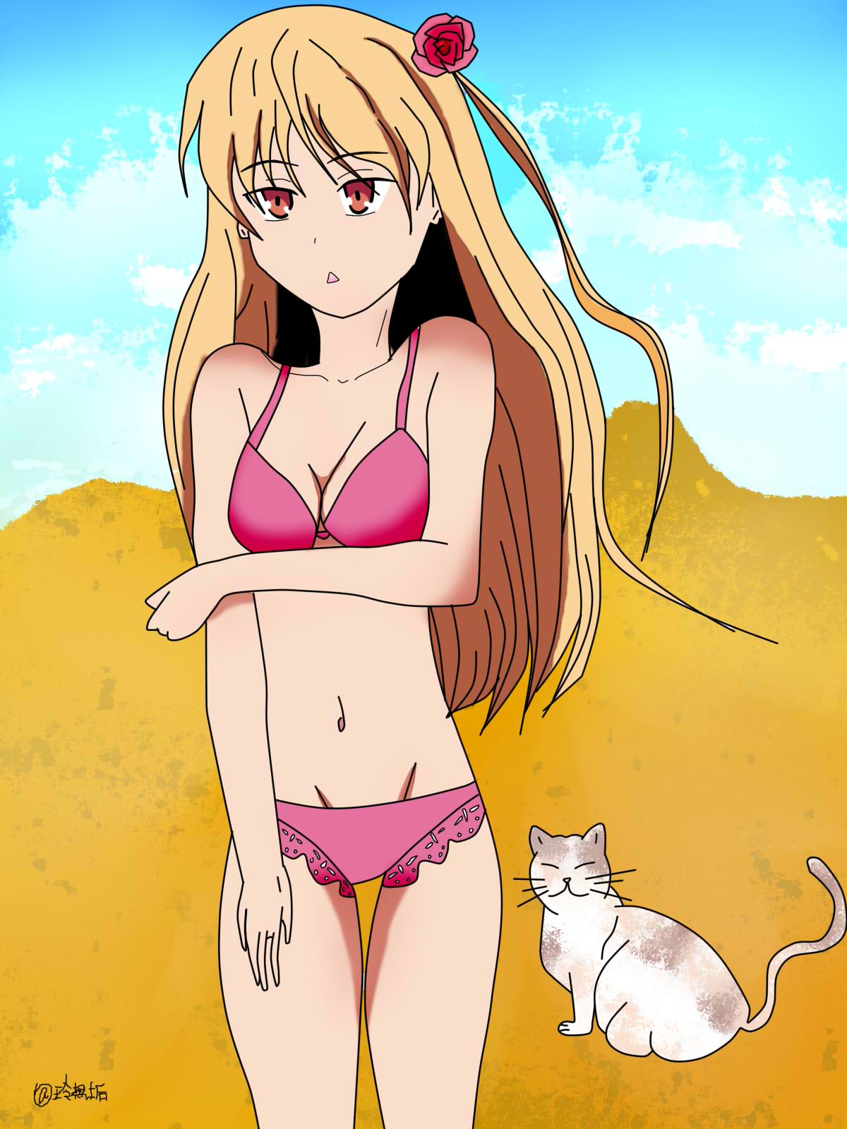 1girl 1other animal artist_name ascii_media_works beach bikini blonde_hair cat chestnut_mouth expressionless feline female_focus flower flower_hair_ornament flower_on_head hair_ornament human j.c._staff kuudere long_hair mammal navel ocean open_mouth pink_bikini pixiv_username red_eyes rei_muku rose sakura-sou_no_pet_na_kanojo sand shiina_mashiro sky solo summer swimsuit water