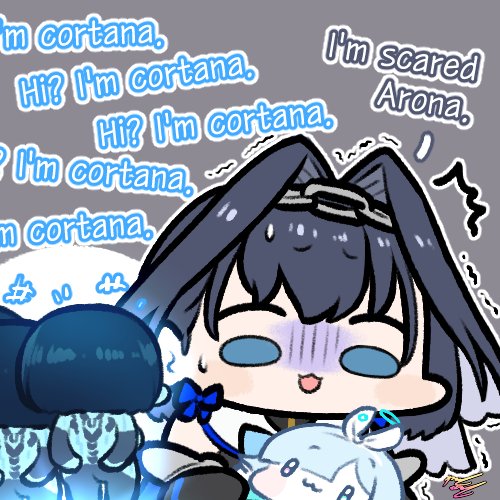 arona_(blue_archive) black_hair blue_archive blue_eyes chain chibi cortana english_text hair_intakes halo_(game) hologram hololive hololive_english jazz_jack lowres ouro_kronii scared trembling turn_pale virtual_youtuber