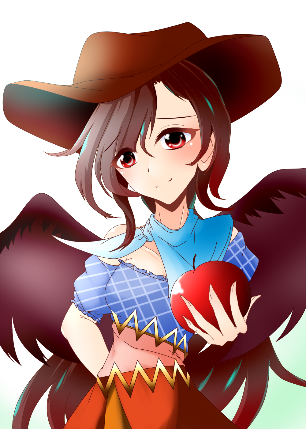 1girl apple arm_up bangs bare_shoulders blue_dress blue_scarf breasts brown_hair brown_headwear closed_mouth cowboy_hat dress eyebrows_visible_through_hair eyes_visible_through_hair food fruit gradient gradient_background gradient_clothes green_background hair_between_eyes hand_on_hip hand_up hat highres kurokoma_saki long_hair looking_at_viewer medium_breasts multicolored_clothes multicolored_dress muumuu_(sirufuruteienn) off_shoulder one-hour_drawing_challenge orange_dress pink_dress plaid plaid_dress ponytail puffy_short_sleeves puffy_sleeves red_eyes scarf short_sleeves smile solo touhou white_background white_scarf wings yellow_dress