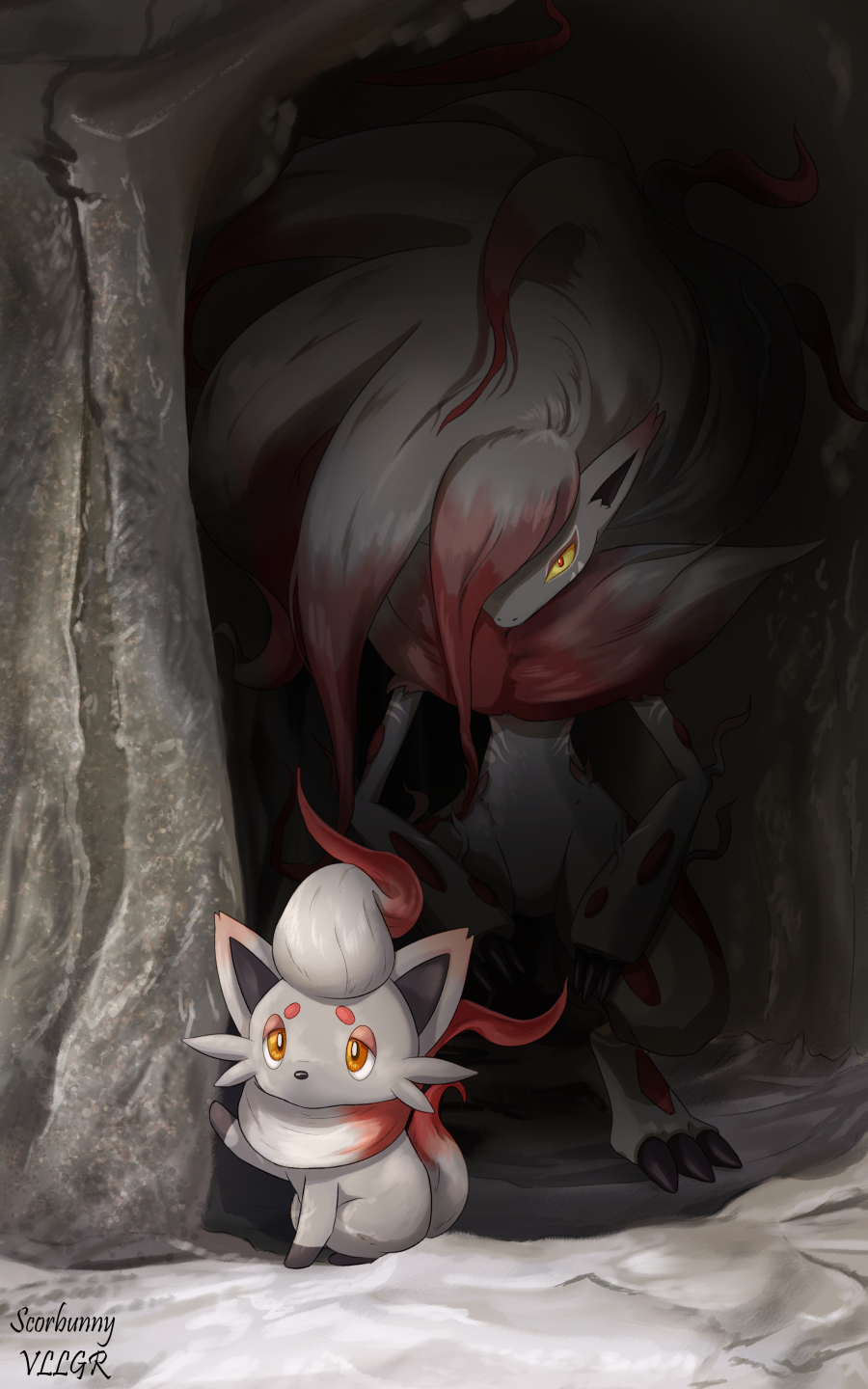 artist_name bright_pupils claws commentary english_commentary evolutionary_line furry grey_fur highres hisuian_zoroark hisuian_zorua orange_eyes pokemon pokemon_(creature) scorbunnyvllgr standing white_pupils