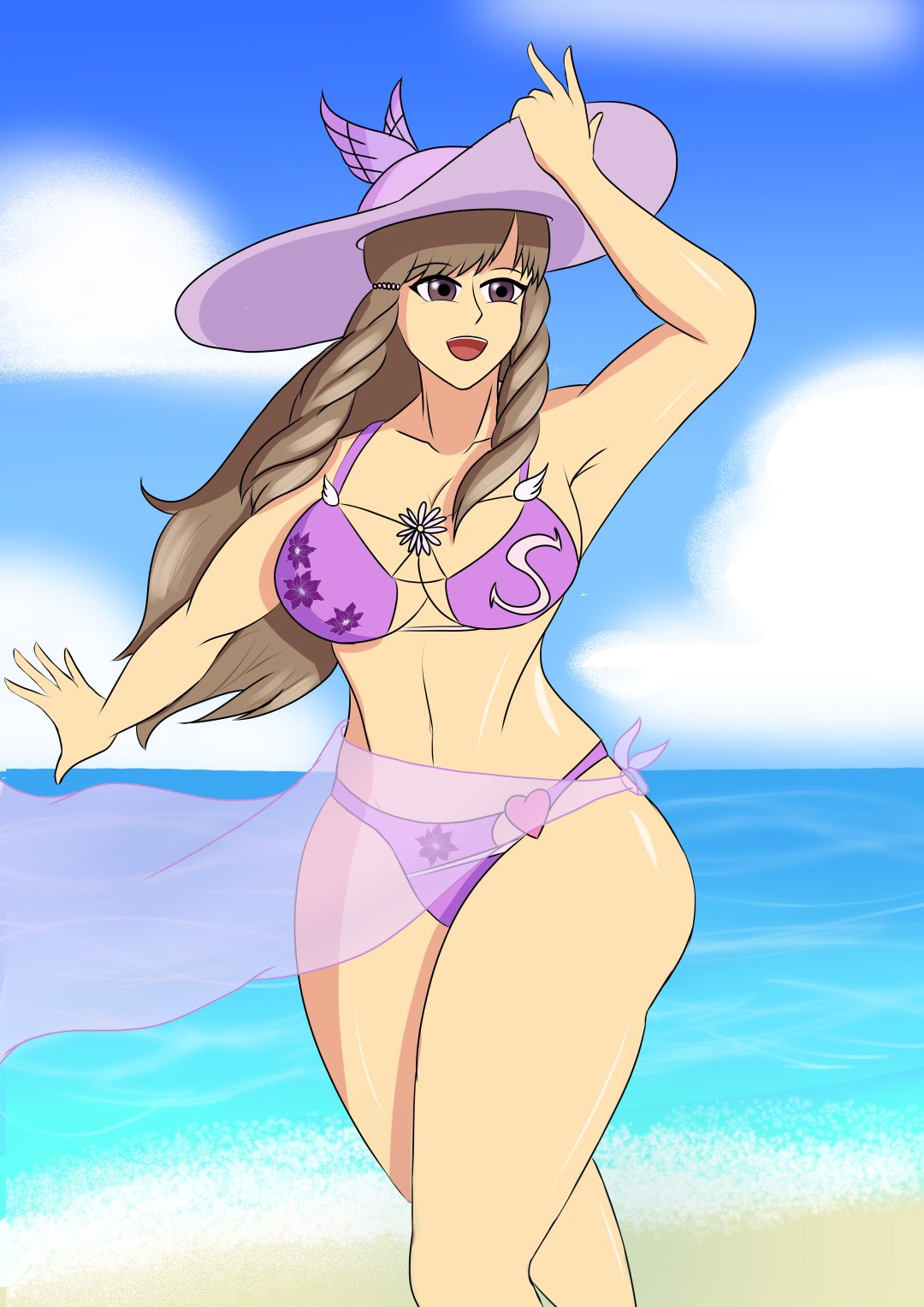 1girl adult beach bikini blue_sky braid breasts brown_hair cowboy_shot cute fire_emblem fire_emblem_awakening fire_emblem_heroes floral_print hat heart intelligent_systems large_breasts letter_print long_hair milf navel nintendo ocean open_mouth outdoors pink_bikini pink_hat sand sky smile solo striderdogart sumia_(fire_emblem) summer sun_hat swimsuit upper_teeth violet_eyes water winged_hat