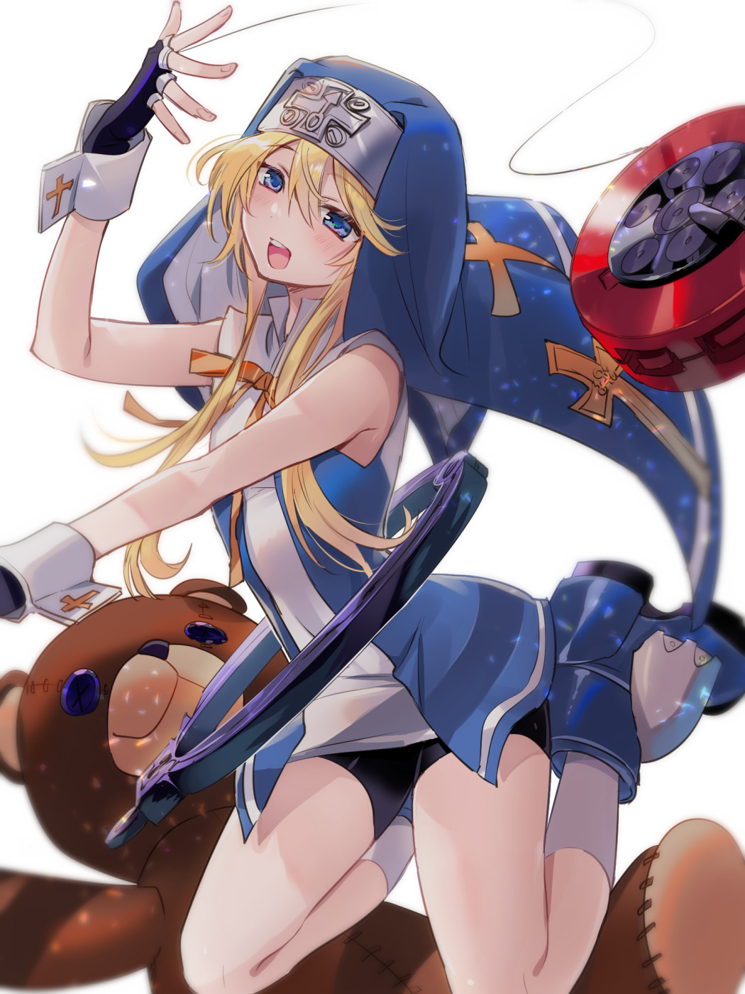 1boy :d bike_shorts black_gloves black_shorts blonde_hair blue_eyes blue_vest blush bridget_(guilty_gear) fingerless_gloves full_body gloves guilty_gear highres long_hair looking_at_viewer male_focus nun open_mouth otoko_no_ko short_hair_with_long_locks shorts smile stuffed_animal stuffed_toy teddy_bear teeth tyuraba upper_teeth vest yo-yo