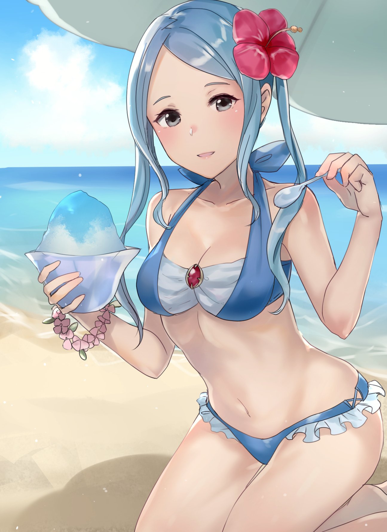 1girl adapted_costume beach bikini blue_bikini blue_hair blue_sky blush bracelet cute fire_emblem fire_emblem_fates fire_emblem_heroes fire_emblem_if flora_(fire_emblem) flower flower_hair_ornament food frilled_bikini frilled_swimsuit frills haru_(nakajou-28) hibiscus ice_cream intelligent_systems looking_at_viewer medium_hair moe navel nintendo ocean open_mouth outdoors sand sky smile solo spoon summer swimsuit twintails umbrella water