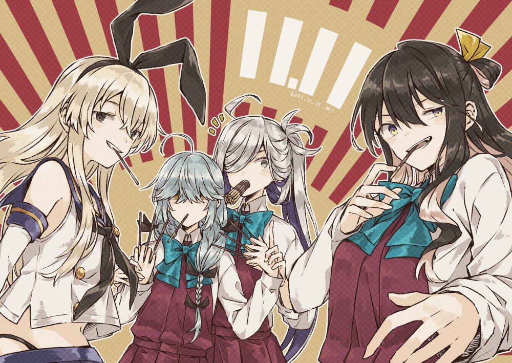 2021 4girls ahoge asashimo_(kancolle) bangs black_hair black_neckwear black_panties black_ribbon blonde_hair blue_hair blue_necktie blue_sailor_collar braid dated elbow_gloves food gloves grin hair_between_eyes hair_over_eyes hair_over_one_eye hair_ribbon hairband hamanami_(kancolle) highleg highleg_panties holding holding_food kantai_collection long_hair long_sleeves miroku_san-ju mouth_hold multicolored_hair multiple_girls naganami_(kancolle) necktie notice_lines panties pink_hair pocky pocky_day ponytail ribbon sailor_collar school_uniform serafuku shimakaze_(kancolle) shirt silver_hair simple_background single_braid sleeveless smile two-tone_background two-tone_hair underwear upper_body white_shirt yellow_ribbon