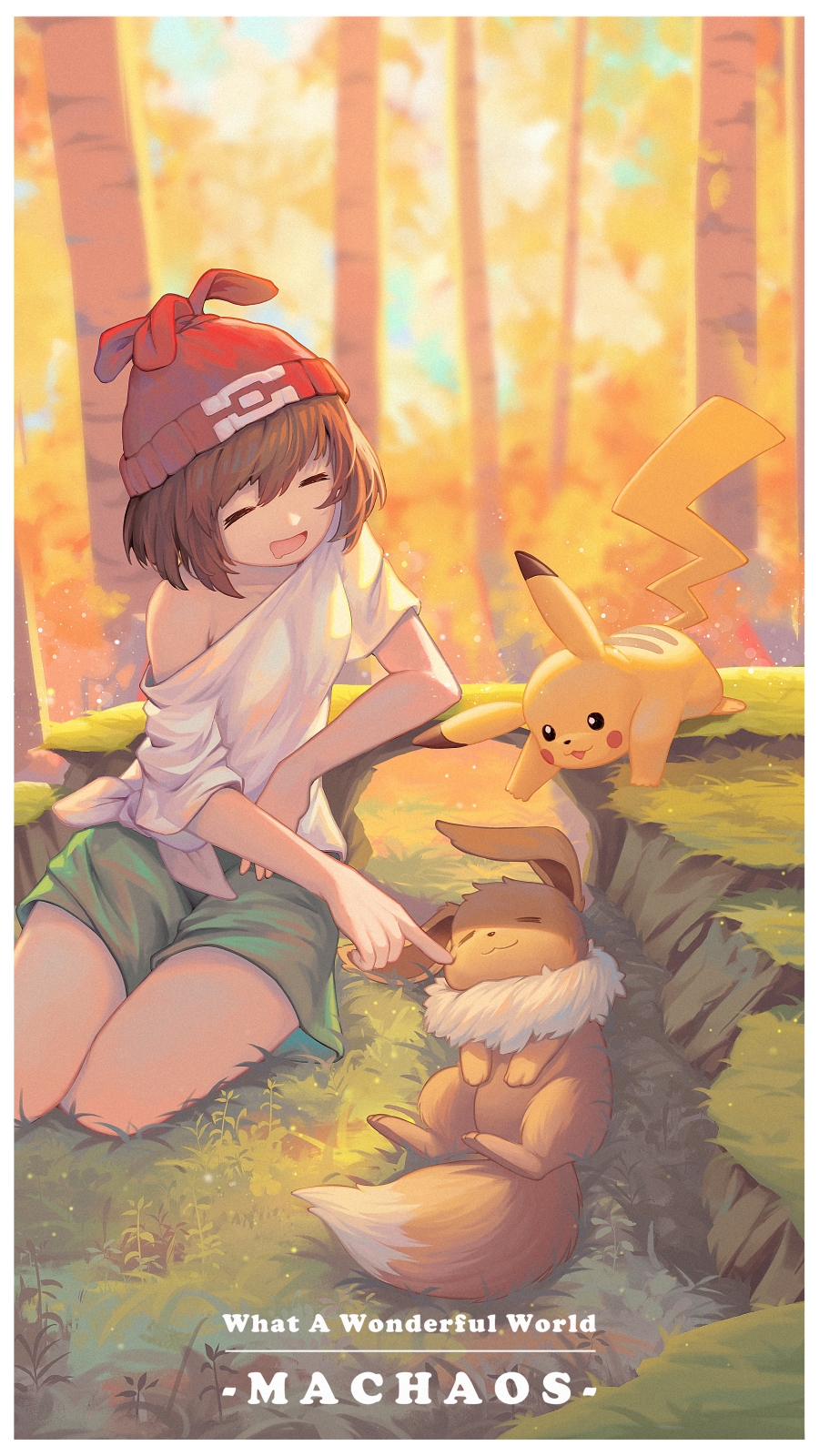 1girl bangs beanie border brown_hair closed_eyes commentary_request day eevee grass green_shorts hat highres machaos open_mouth outdoors pikachu pokemon pokemon_(creature) pokemon_(game) pokemon_sm poking red_headwear selene_(pokemon) shirt short_sleeves shorts sitting tied_shirt tree white_border