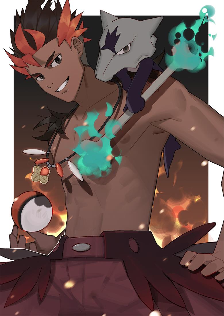 1boy abs alolan_marowak black_eyes bone border brown_hair buttons collarbone commentary_request dark-skinned_male dark_skin fire green_fire grin jewelry kiawe_(pokemon) looking_at_viewer looking_down male_focus multicolored_hair necklace nipples orange_hair outside_border pectorals poke_ball poke_ball_(basic) pokemon pokemon_(creature) pokemon_(game) pokemon_sm red_shorts short_hair shorts smile teeth toned two-tone_hair white_border yaowu