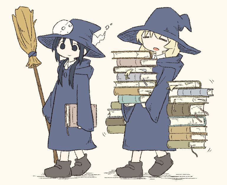 1other 2girls alternate_costume beige_background black_eyes black_hair blonde_hair book book_stack broom chito_(shoujo_shuumatsu_ryokou) closed_eyes floating full_body hat holding levitation long_hair long_sleeves multiple_girls nuko_(shoujo_shuumatsu_ryokou) robe shoes shoujo_shuumatsu_ryokou simple_background tm44720881 walking witch_hat yuuri_(shoujo_shuumatsu_ryokou)