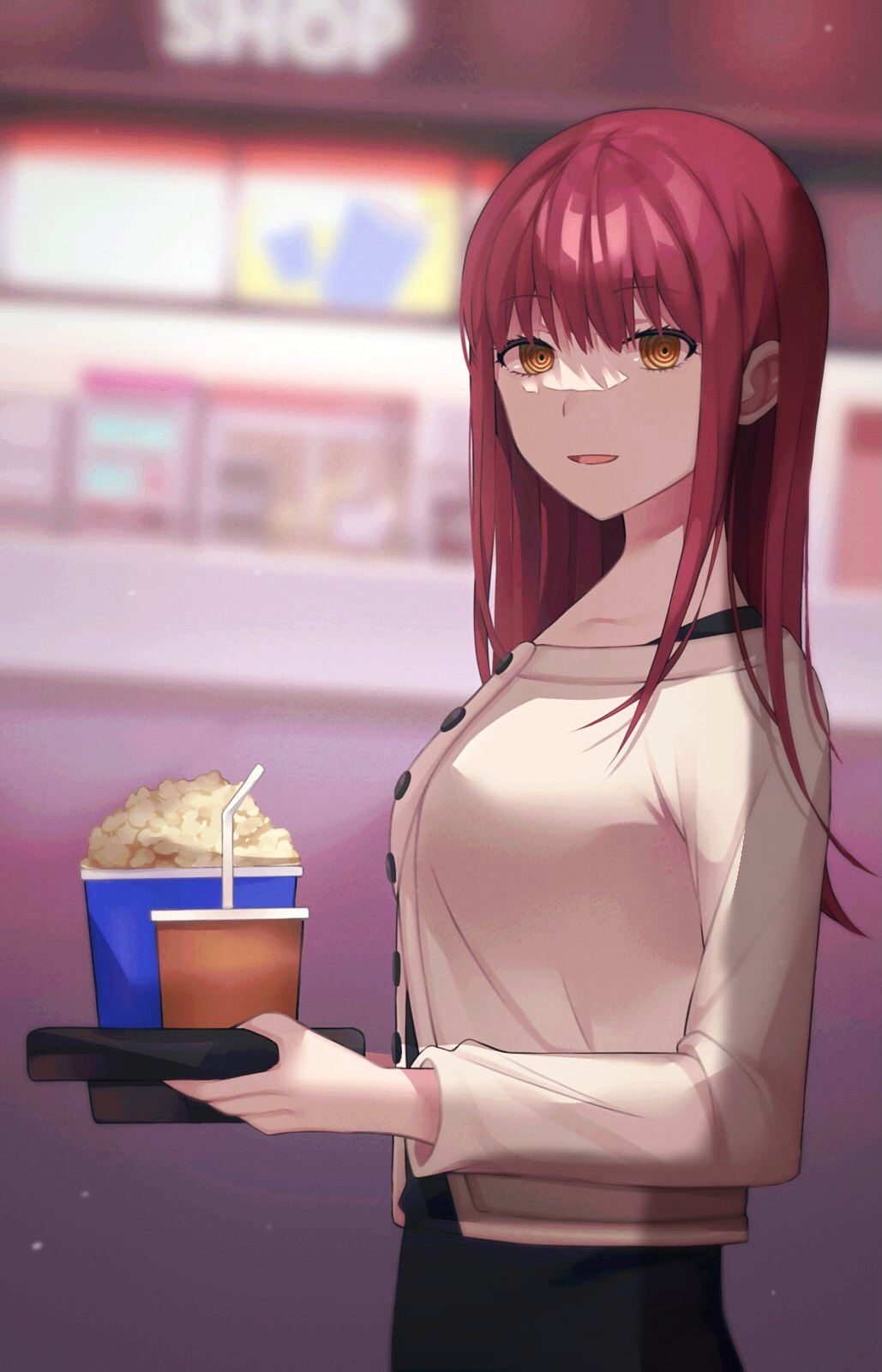 1girl alternate_hairstyle blurry blurry_background chainsaw_man cup disposable_cup food highres makima_(chainsaw_man) movie_theater popcorn raimone26 redhead smile sweater white_sweater yellow_eyes