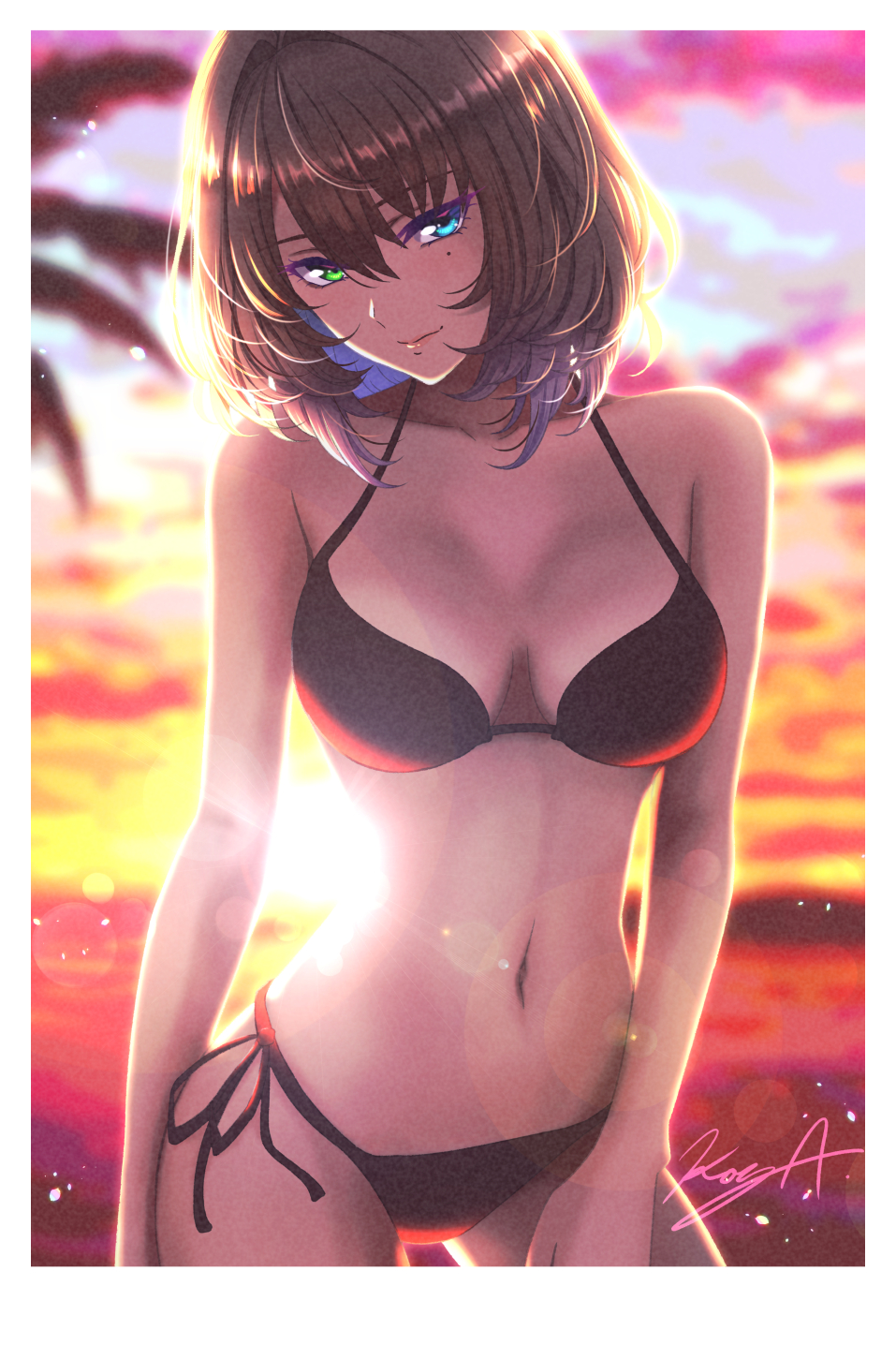 1girl bikini black_bikini blue_eyes blurry blurry_background bob_cut border breasts breasts_apart cowboy_shot depth_of_field green_eyes green_hair hair_between_eyes halterneck head_tilt heterochromia highres idolmaster idolmaster_cinderella_girls koya_(koya_x_00) lens_flare light_smile looking_at_viewer medium_breasts midriff mole mole_under_eye navel out_of_frame outdoors palm_tree picture_(object) side-tie_bikini signature solo sunlight sunset swimsuit takagaki_kaede tree white_border