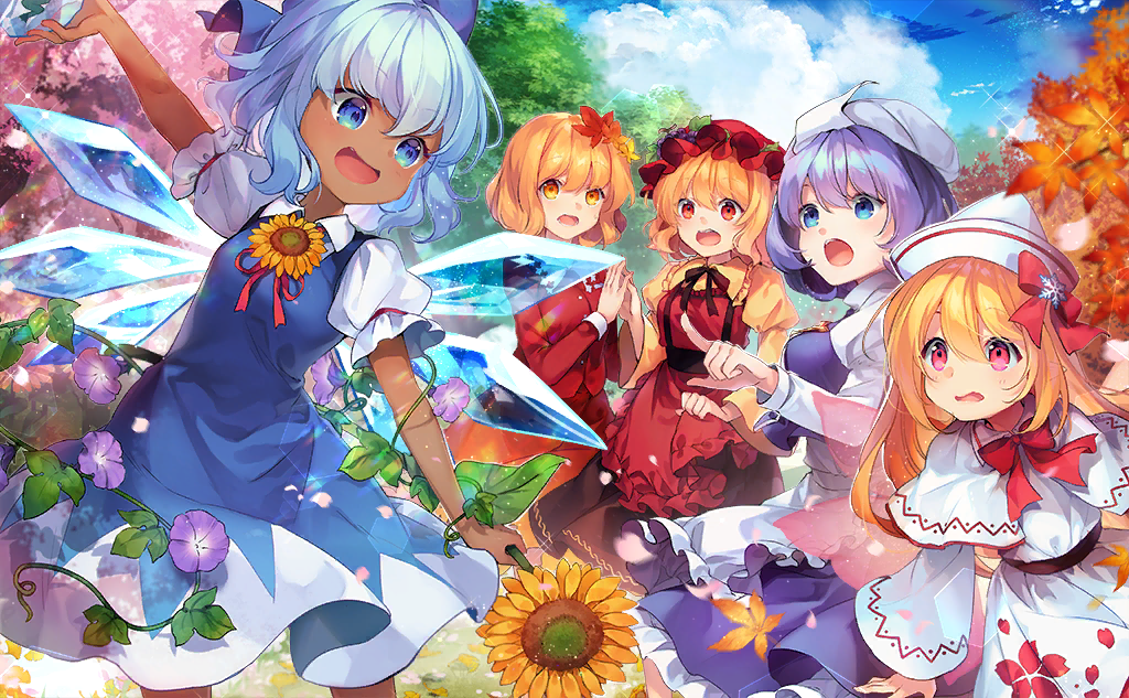 5girls :d :o aki_minoriko aki_shizuha apron arm_at_side arm_up autumn_leaves black_ribbon blonde_hair blouse blue_dress blue_eyes blue_hair blue_skirt blue_sky blue_vest blurry bow bowtie brown_sash brown_skirt capelet cherry_blossom_print cherry_blossoms cirno clouds cloudy_sky cowboy_shot d: dappled_sunlight day depth_of_field dot_nose dress eyebrows_visible_through_hair eyes_visible_through_hair facing_viewer fairy fairy_wings fang feet_out_of_frame floral_print flower food-themed_hair_ornament frilled_apron frilled_shirt_collar frilled_sleeves frills from_side frozen frozen_frog gradient_clothes gradient_eyes gradient_skirt grape_hair_ornament hair_between_eyes hair_ornament hand_up hands_up happy hat hat_bow hat_ornament hidden_star_in_four_seasons holding holding_flower holding_hands ice ice_wings leaf leaf_hair_ornament lens_flare letty_whiterock light_purple_hair long_hair long_skirt long_sleeves looking_at_another looking_away looking_to_the_side looking_up lower_teeth maple_leaf medium_dress mob_cap morning_glory motion_blur multicolored_eyes multiple_girls neck_ribbon open_mouth outdoors outstretched_arm palms_together parted_lips petals petticoat pinafore_dress pink_eyes pink_wings plant pleated_skirt pointing pointy_ears print_dress puffy_short_sleeves puffy_sleeves purple_flower raised_eyebrows red_apron red_blouse red_bow red_bowtie red_eyes red_headwear red_ribbon red_skirt ribbon round_teeth shinia shirt short_hair short_sleeves skirt skirt_hold skirt_set sky sleeve_cuffs smile snowflake_hair_ornament sparkle standing sunflower sunlight sweat tan tanned_cirno tareme teeth touhou touhou_cannonball tree turtleneck upper_teeth vest vines waist_apron wavy_hair wavy_mouth white_apron white_capelet white_dress white_headwear wide_sleeves wind wings yellow_eyes yellow_flower yellow_shirt