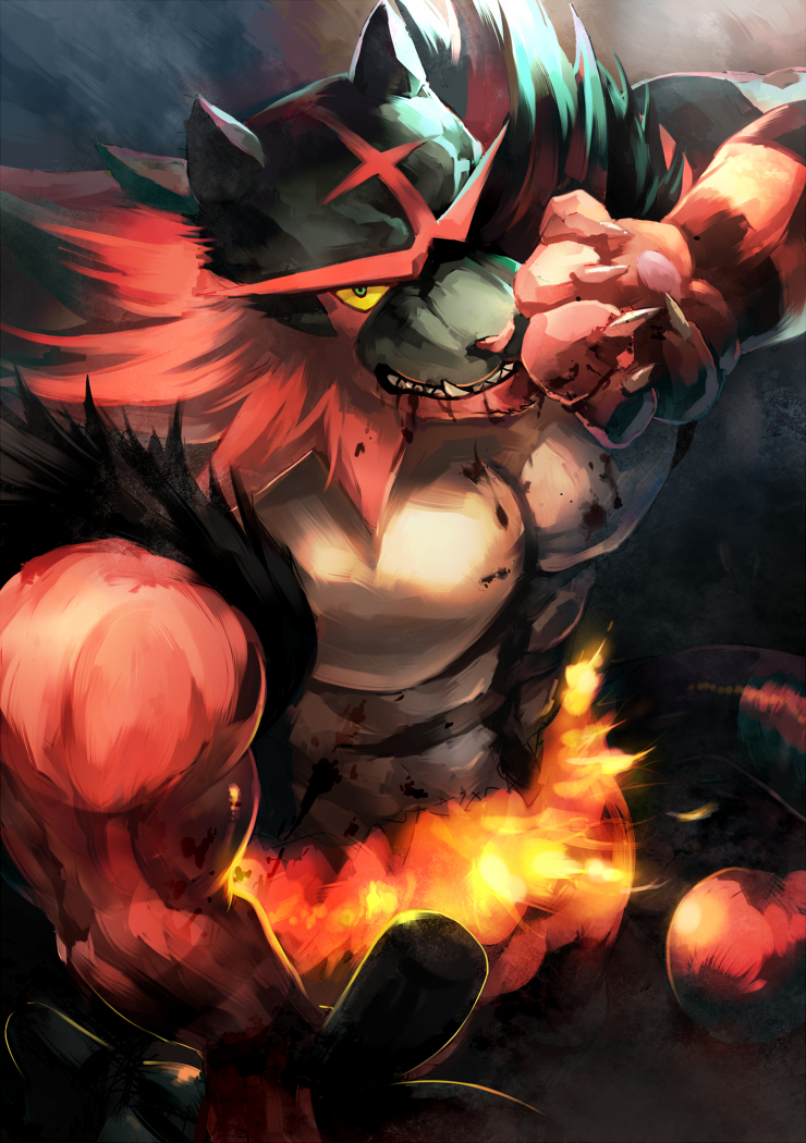 1boy claws colored_sclera commentary_request fire furry furry_male green_eyes incineroar looking_at_viewer male_focus muscular muscular_male pectorals pokemon pokemon_(creature) red_fur sharp_teeth sky_(sora_no_gomibako) solo teeth wiping_face yellow_sclera